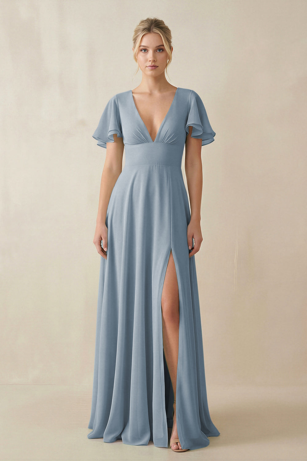 V-Neck Ruffled Short Sleeves A-Line Bridesmaid Dress in Dusty Blue