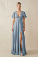 Dusty Blue V-Neck Ruffled Short Sleeves A-Line Bridesmaid Dress | KISSBRIDAL
