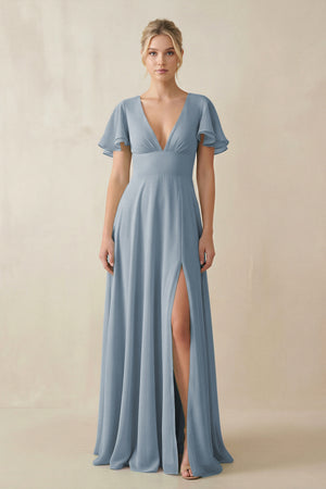 Dusty Blue V-Neck Ruffled Short Sleeves A-Line Bridesmaid Dress | KISSBRIDAL