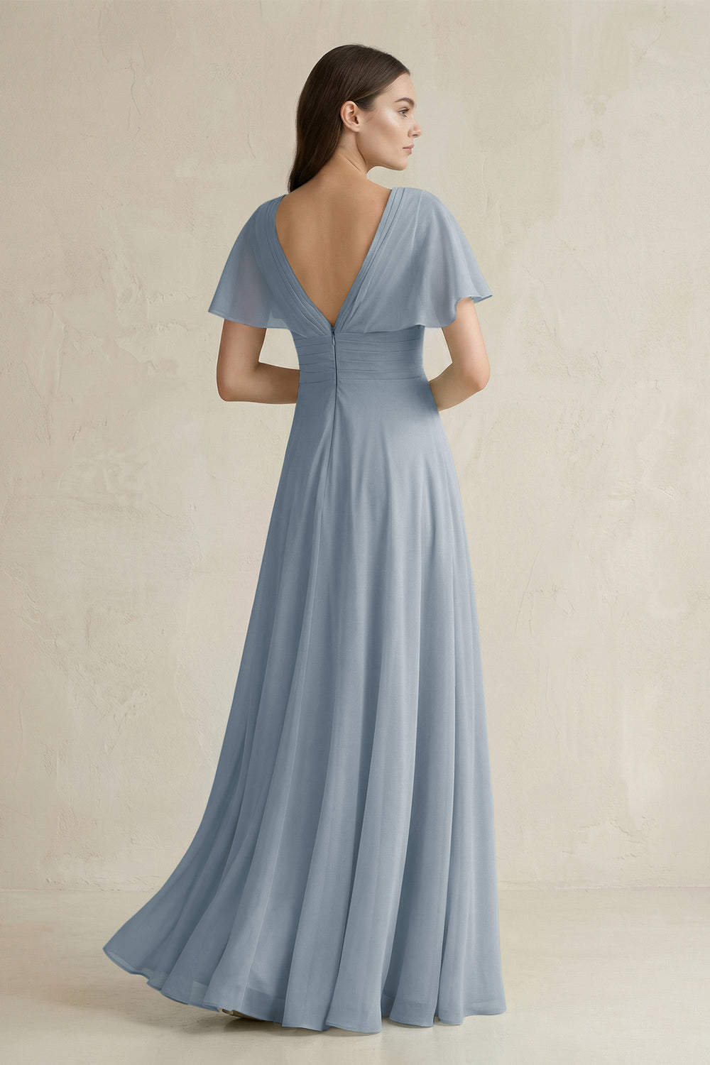 V-Neck Ruffled Sleeve A-Line Chiffon Bridesmaid Dress in Dusty Blue