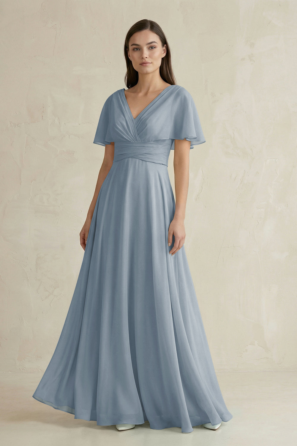 V-Neck Ruffled Sleeve A-Line Chiffon Bridesmaid Dress in Dusty Blue