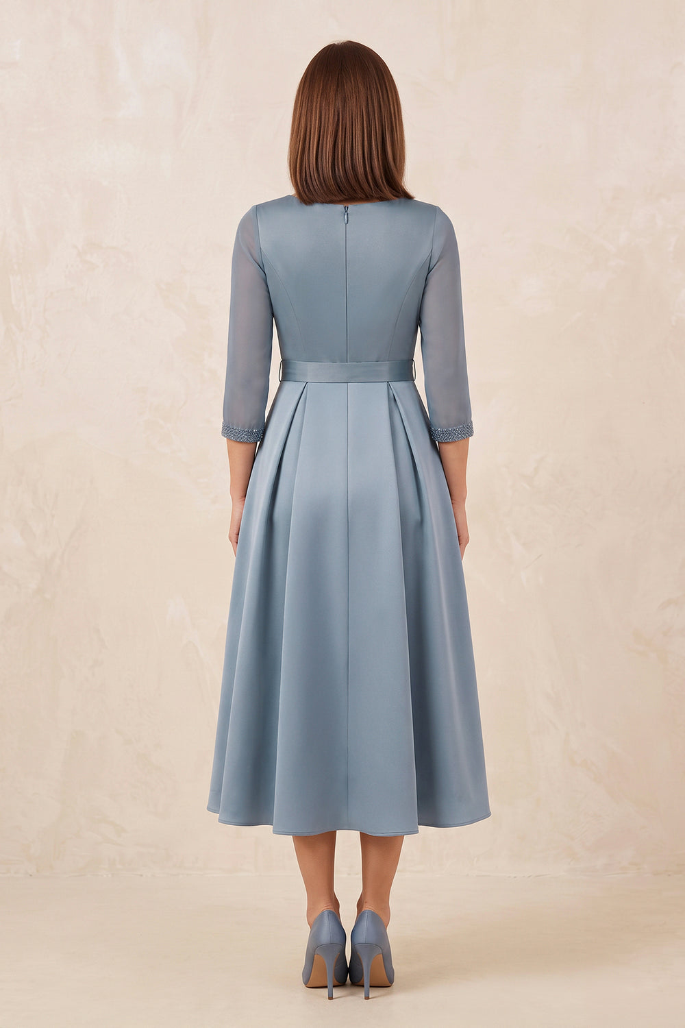 Dusty Blue V-Neck Satin A-Line Midi Mother of the Bride Dress With Sleeves