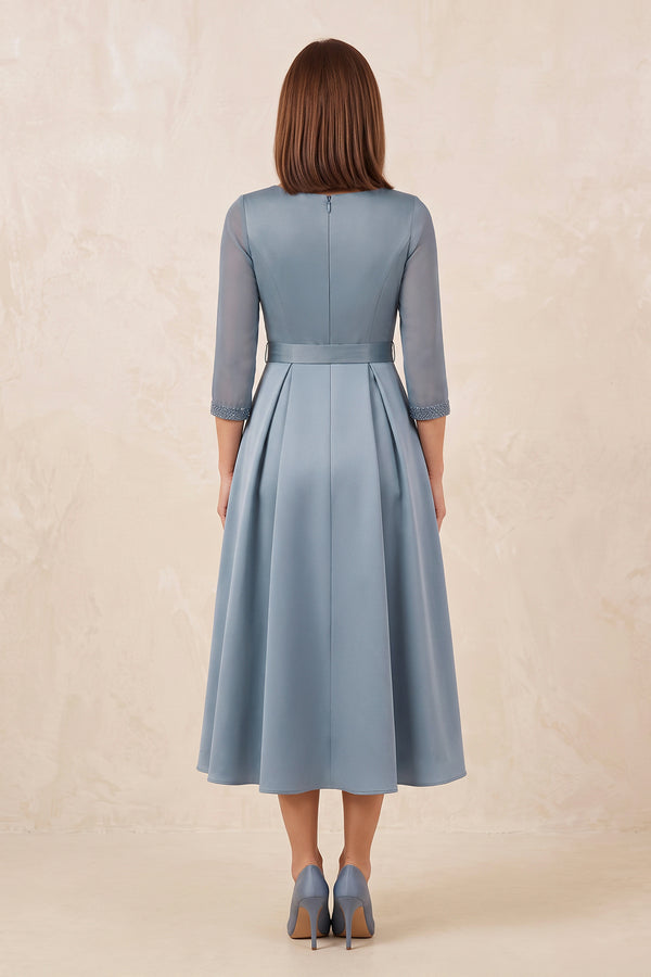 Dusty Blue V-Neck Satin A-Line Midi Mother of the Bride Dress With Sleeves (2) | KISSBRIDAL