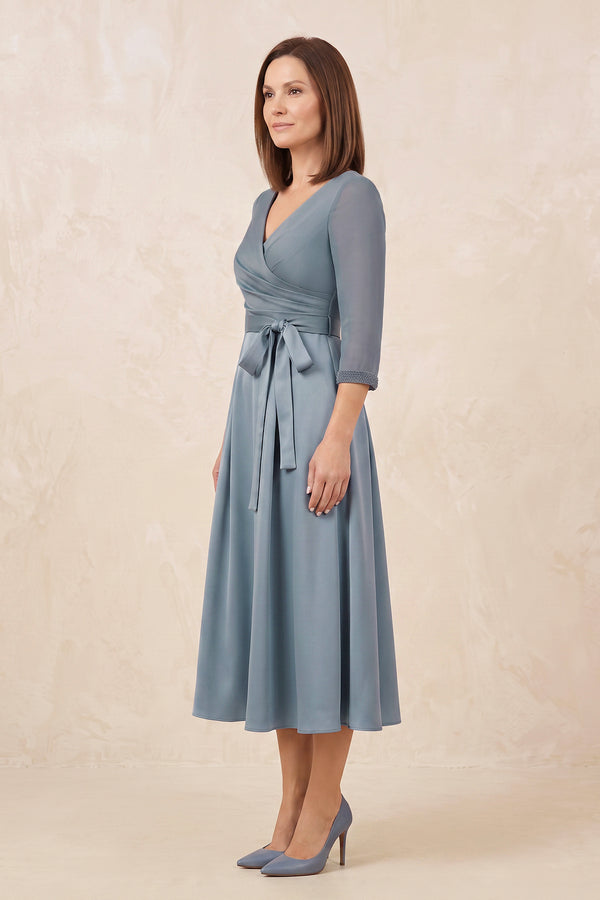 Dusty Blue V-Neck Satin A-Line Midi Mother of the Bride Dress With Sleeves (3) | KISSBRIDAL