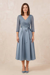 Dusty Blue V-Neck Satin A-Line Midi Mother of the Bride Dress With Sleeves | KISSBRIDAL