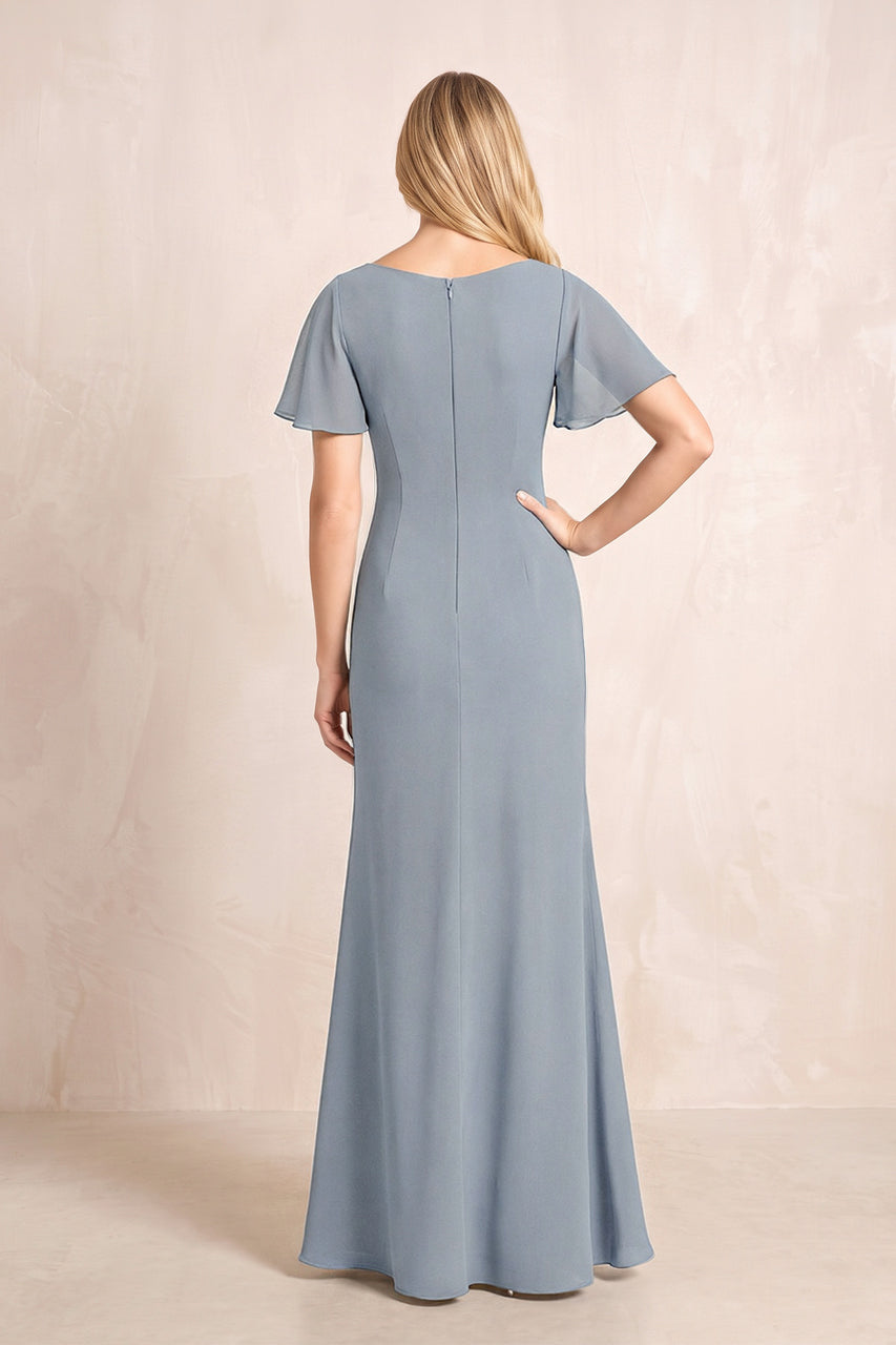 Dusty Blue V-Neck Sheath Chiffon Ruffled Short Sleeves Mother of the Bride Dress with Slit