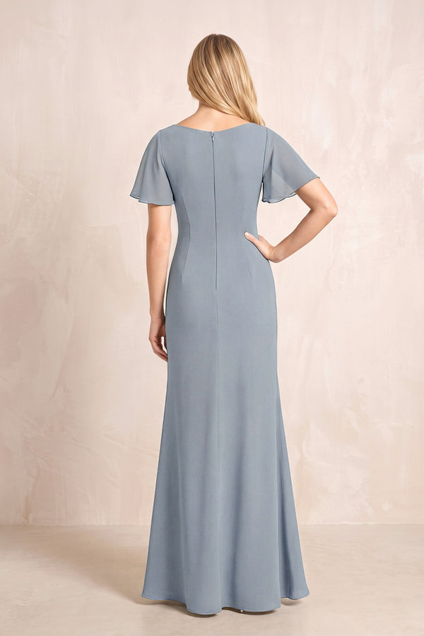Dusty Blue V-Neck Sheath Chiffon Ruffled Short Sleeves Mother of the Bride Dress with Slit (2) | KISSBRIDAL