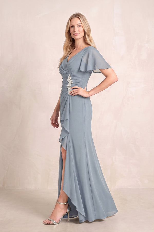 Dusty Blue V-Neck Sheath Chiffon Ruffled Short Sleeves Mother of the Bride Dress with Slit (3) | KISSBRIDAL