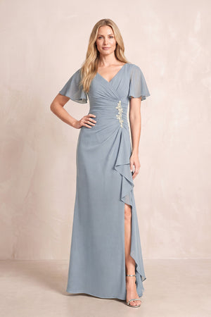Dusty Blue V-Neck Sheath Chiffon Ruffled Short Sleeves Mother of the Bride Dress with Slit | KISSBRIDAL
