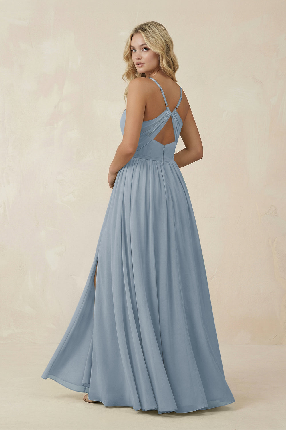 V-Neck Spaghetti Strap A-Line Chiffon Bridesmaid Dress in Dusty Blue