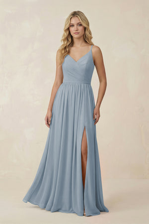 Dusty Blue V-Neck Spaghetti Strap A-Line Chiffon Bridesmaid Dress | KISSBRIDAL