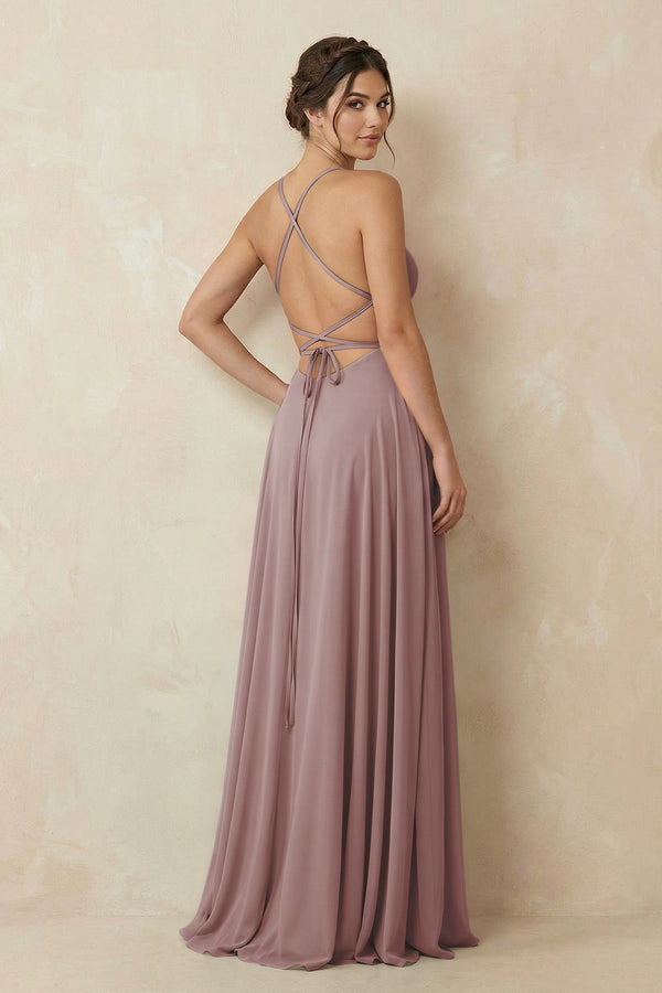 Dusty Rose A-Line Chiffon Bridesmaid Dress With Slit (2) | KISSBRIDAL