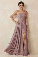 Dusty Rose A-Line Chiffon Bridesmaid Dress With Slit | KISSBRIDAL