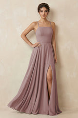 Dusty Rose A-Line Chiffon Bridesmaid Dress With Slit | KISSBRIDAL