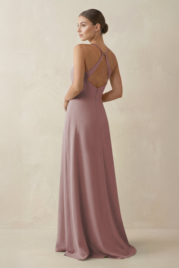 Dusty Rose A-Line Chiffon Long Bridesmaid Dress With Slit (2) | KISSBRIDAL