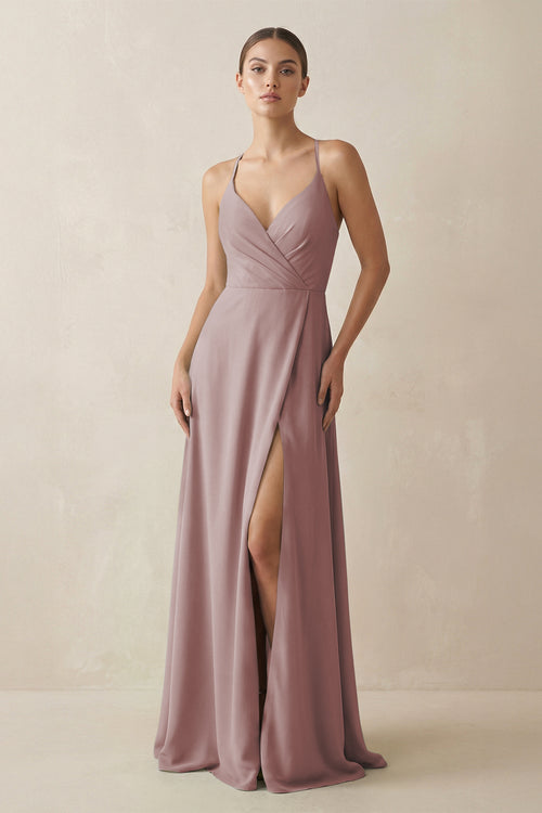 Dusty Rose A-Line Chiffon Long Bridesmaid Dress With Slit | KISSBRIDAL