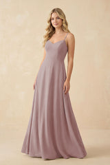 Dusty Rose A-Line Chiffon Spaghetti Strap Bridesmaid Dress | KISSBRIDAL