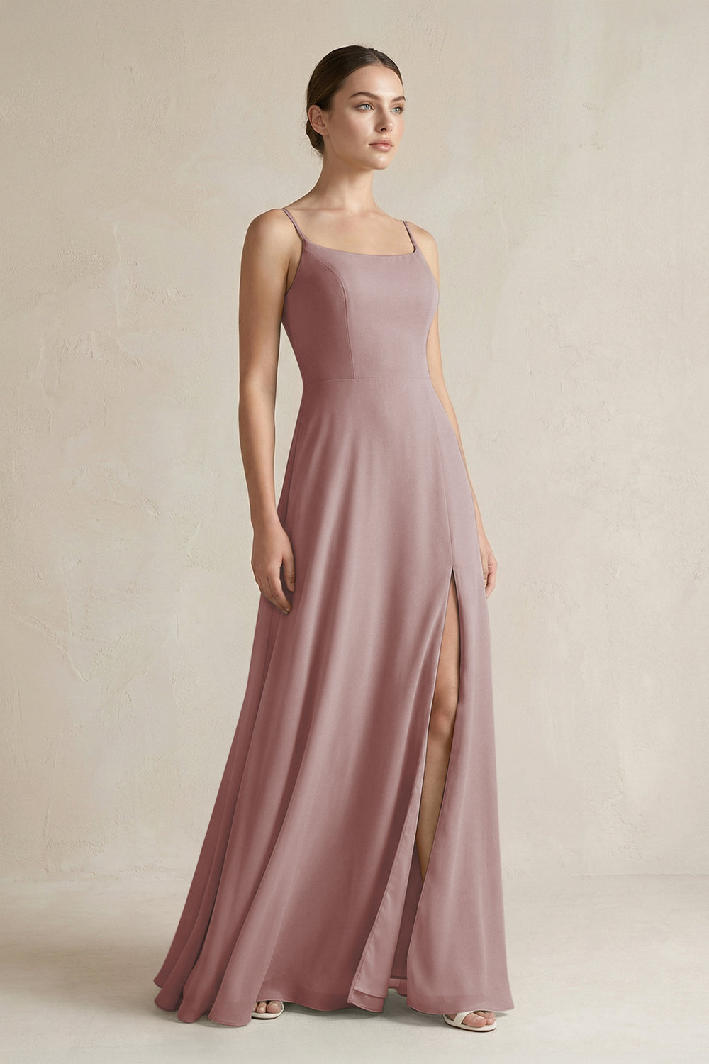 A-Line Chiffon Spaghetti Strap Bridesmaid Dress in Dusty Rose