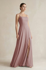 Dusty Rose A-Line Chiffon Spaghetti Strap Bridesmaid Dress | KISSBRIDAL