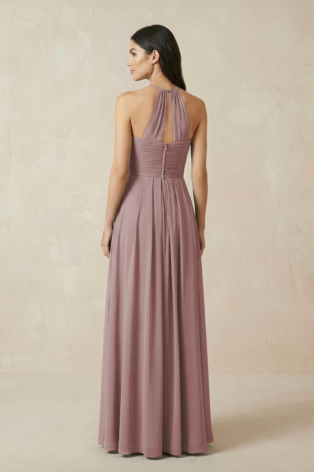 A-Line Halter Neck Pleated Chiffon Bridesmaid Dress in Dusty Rose