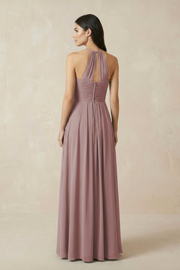 Dusty Rose A-Line Halter Neck Pleated Chiffon Bridesmaid Dress (2) | KISSBRIDAL