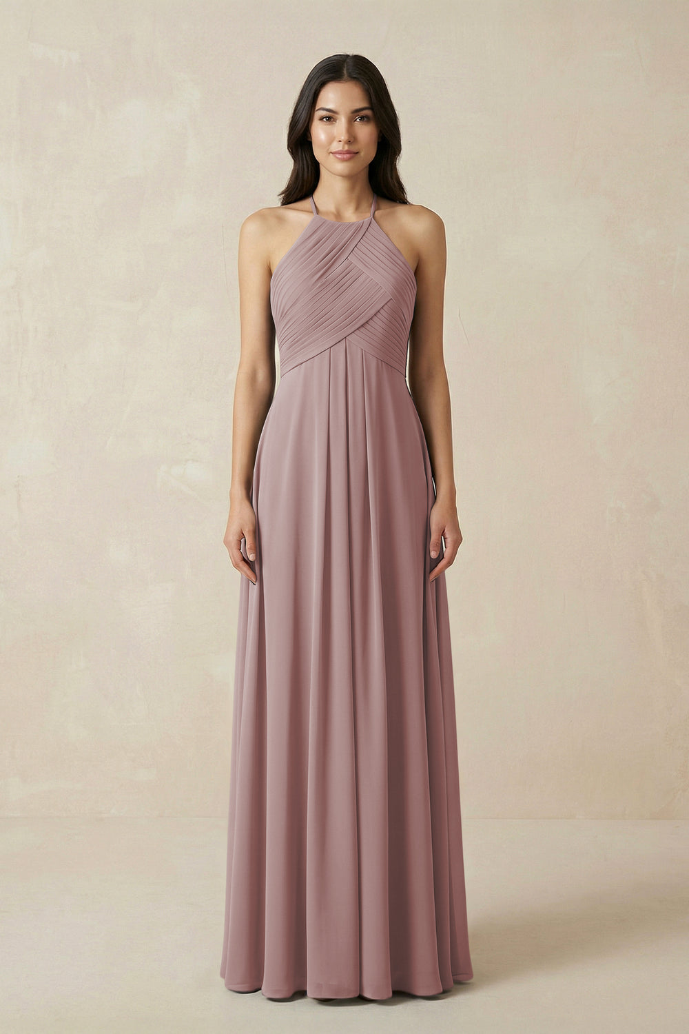 A-Line Halter Neck Pleated Chiffon Bridesmaid Dress in Dusty Rose