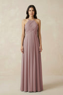 Dusty Rose A-Line Halter Neck Pleated Chiffon Bridesmaid Dress | KISSBRIDAL
