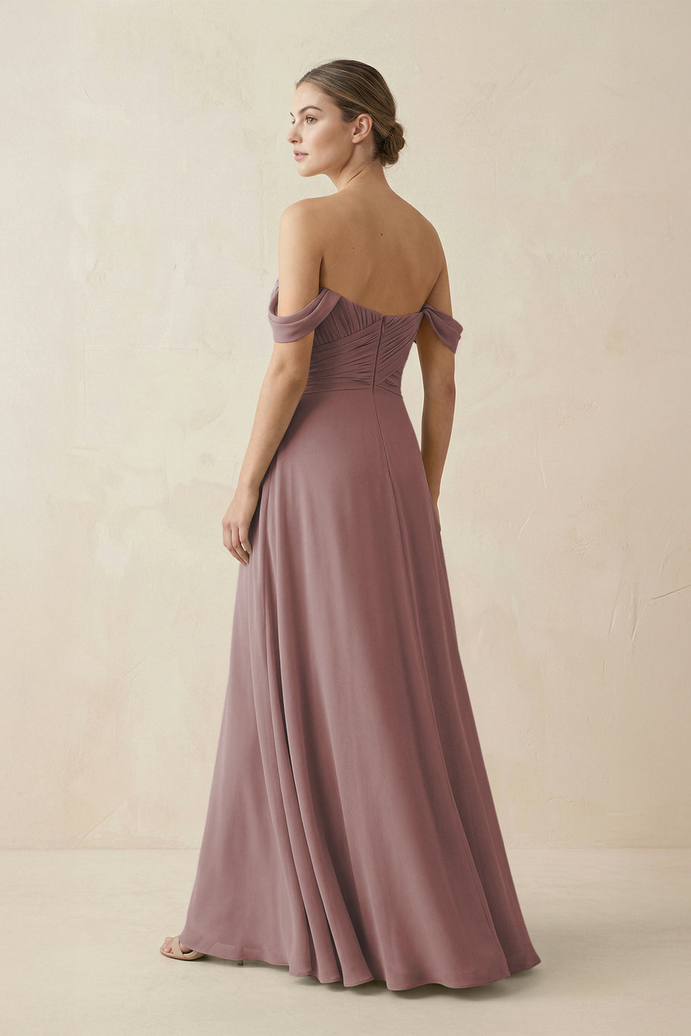 A-Line Off-the-Shoulder Chiffon Bridesmaid Dress in Dusty Rose
