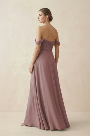 Dusty Rose A-Line Off-the-Shoulder Chiffon Bridesmaid Dress (2) | KISSBRIDAL