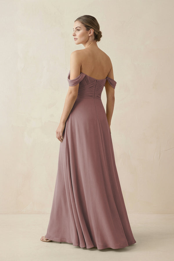 Dusty Rose A-Line Off-the-Shoulder Chiffon Bridesmaid Dress (2) | KISSBRIDAL