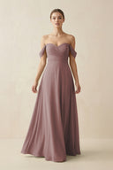 Dusty Rose A-Line Off-the-Shoulder Chiffon Bridesmaid Dress | KISSBRIDAL