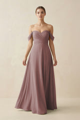 Dusty Rose A-Line Off-the-Shoulder Chiffon Bridesmaid Dress | KISSBRIDAL