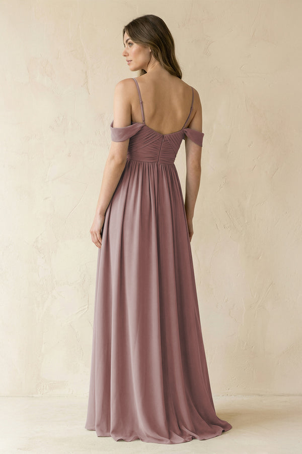 Dusty Rose A-Line Off-the-Shoulder Pleated Chiffon Bridesmaid Dress (2) | KISSBRIDAL