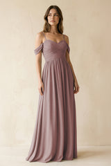 Dusty Rose A-Line Off-the-Shoulder Pleated Chiffon Bridesmaid Dress | KISSBRIDAL
