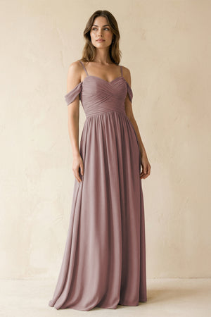 Dusty Rose A-Line Off-the-Shoulder Pleated Chiffon Bridesmaid Dress | KISSBRIDAL
