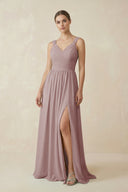Dusty Rose A-Line Pleated Chiffon Long Bridesmaid Dress | KISSBRIDAL