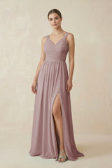 Dusty Rose A-Line Pleated Chiffon Long Bridesmaid Dress | KISSBRIDAL