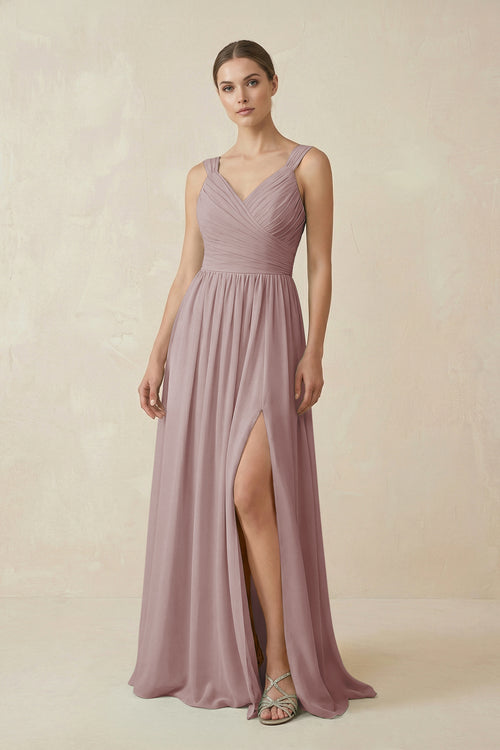 Dusty Rose A-Line Pleated Chiffon Long Bridesmaid Dress | KISSBRIDAL