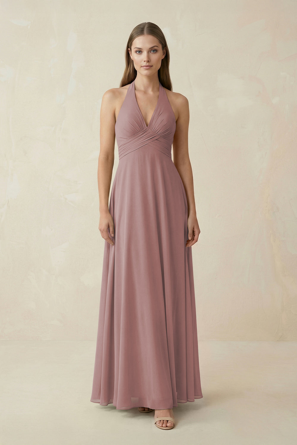 A-Line Pleated Chiffon V-Neck Bridesmaid Dress in Dusty Rose