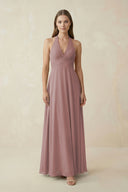 Dusty Rose A-Line Pleated Chiffon V-Neck Bridesmaid Dress | KISSBRIDAL