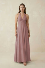 Dusty Rose A-Line Pleated Chiffon V-Neck Bridesmaid Dress | KISSBRIDAL