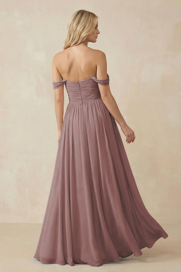 Dusty Rose A-Line Pleated Long Chiffon Bridesmaid Dress (2) | KISSBRIDAL
