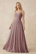 Dusty Rose A-Line Pleated Long Chiffon Bridesmaid Dress | KISSBRIDAL