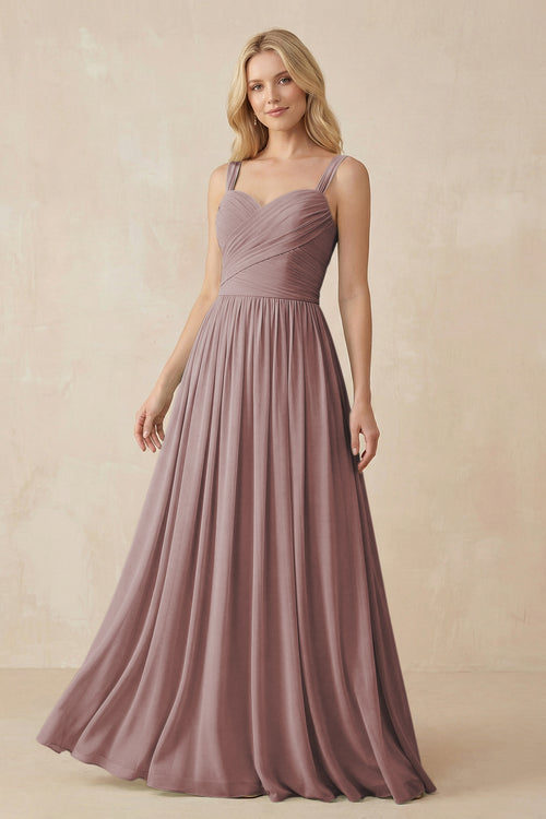 Dusty Rose A-Line Pleated Long Chiffon Bridesmaid Dress | KISSBRIDAL
