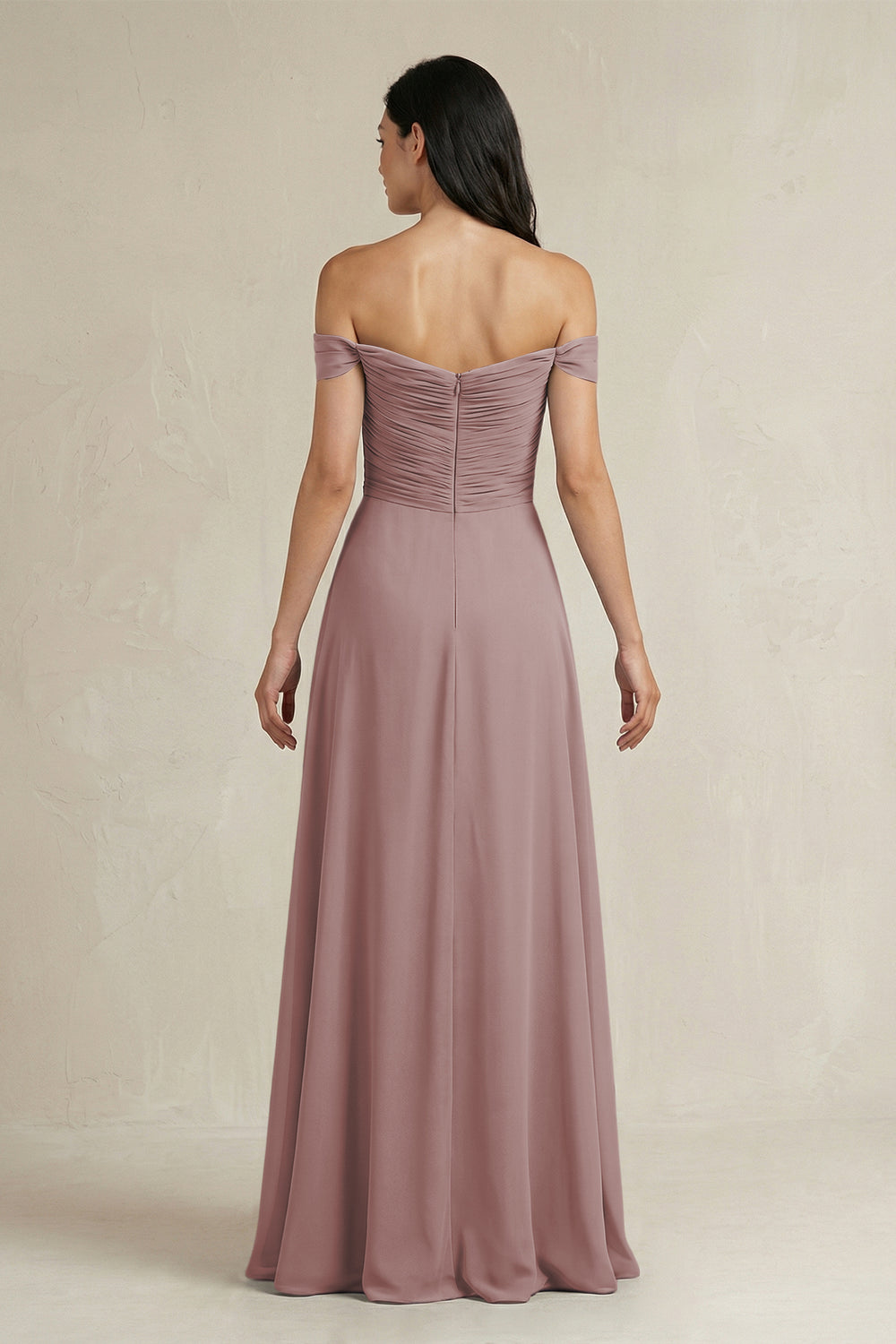 A-Line Pleated Off-the-Shoulder Chiffon Bridesmaid Dress in Dusty Rose