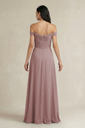 Dusty Rose A-Line Pleated Off-the-Shoulder Chiffon Bridesmaid Dress (2) | KISSBRIDAL