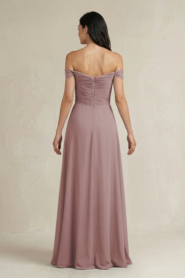 Dusty Rose A-Line Pleated Off-the-Shoulder Chiffon Bridesmaid Dress (2) | KISSBRIDAL