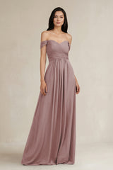 Dusty Rose A-Line Pleated Off-the-Shoulder Chiffon Bridesmaid Dress | KISSBRIDAL