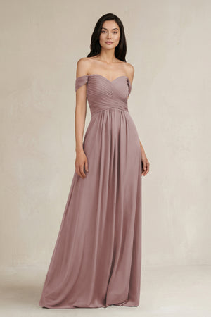 Dusty Rose A-Line Pleated Off-the-Shoulder Chiffon Bridesmaid Dress | KISSBRIDAL