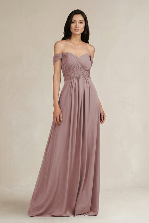 Dusty Rose A-Line Pleated Off-the-Shoulder Chiffon Bridesmaid Dress | KISSBRIDAL